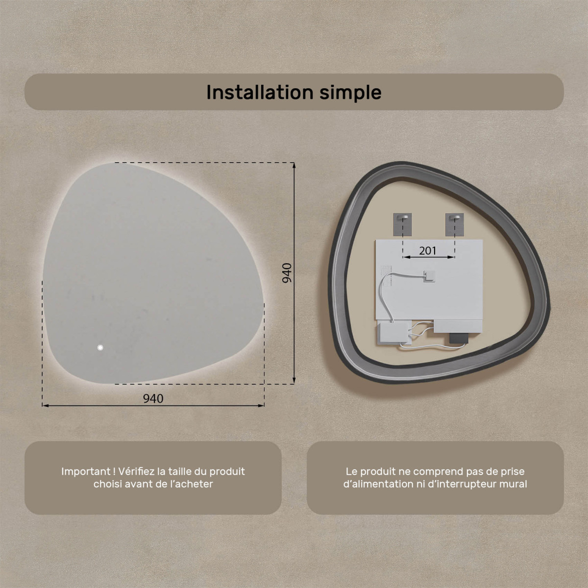 94x94 cm Miroir de salle de bain avec éclairage, 94x94cm, Dual colour, Touch switch