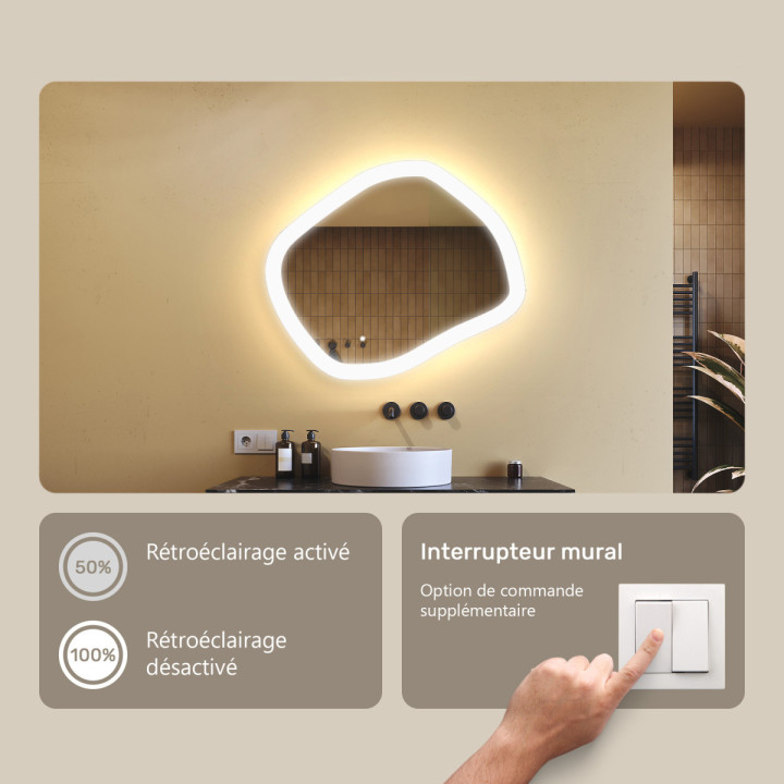 64x54 cm Miroir de salle de bain avec éclairage, 64x54cm, Dual colour, Touch switch