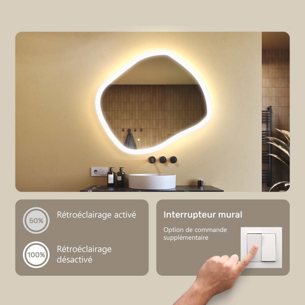 94x84 cm Miroir irrégulier avec éclairage, 94x84cm, Bicolore, Interrupteur tactile