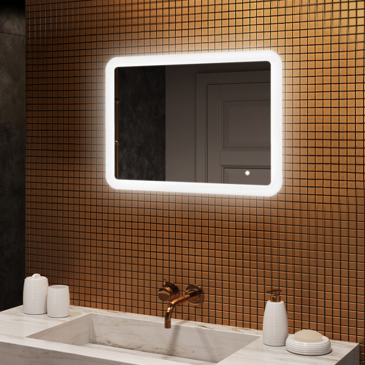 80x60 cm Miroir de salle de bain arrondi avec éclairage LED, 80x60cm, Bicolore, Interrupteur tactile