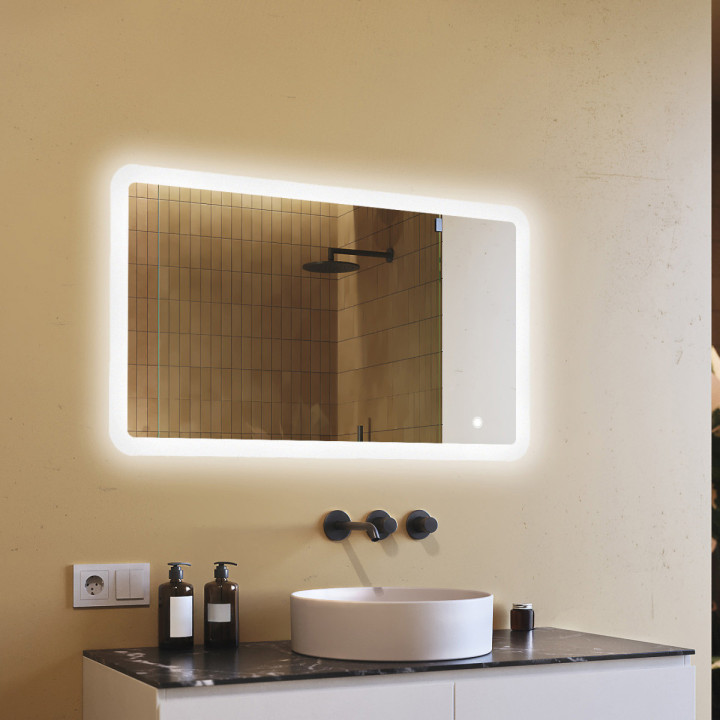 120x70 cm Miroir de salle de bain arrondi avec éclairage LED, 120x70cm, Bicolore, Interrupteur tactile