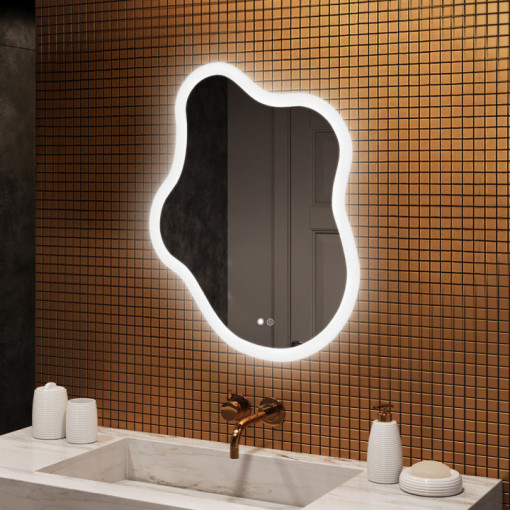 74x94 cm Miroir irrégulier avec éclairage, 74x94cm, Bicolore, Interrupteur tactile, Tapis chauffant