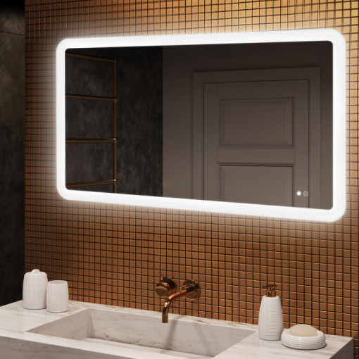 120x70 cm Miroir de salle de bain arrondi avec éclairage LED, 120x70cm, Bicolore, Interrupteur tactile, Couverture chauffante