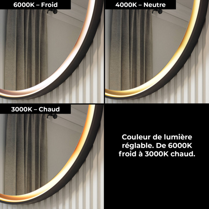 Miroir rond LED 60 cm avec cadre métallique noir