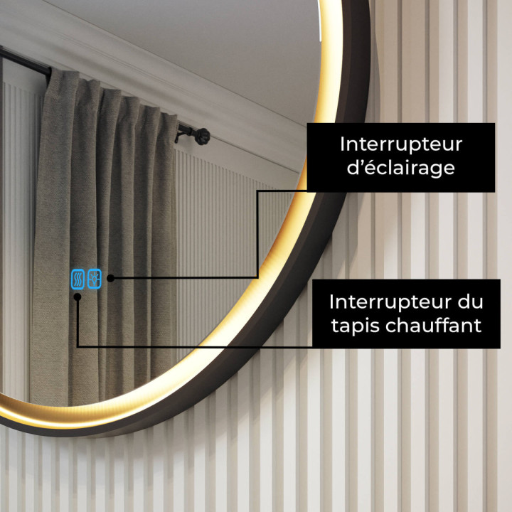 Miroir rond LED 60 cm avec cadre métallique noir