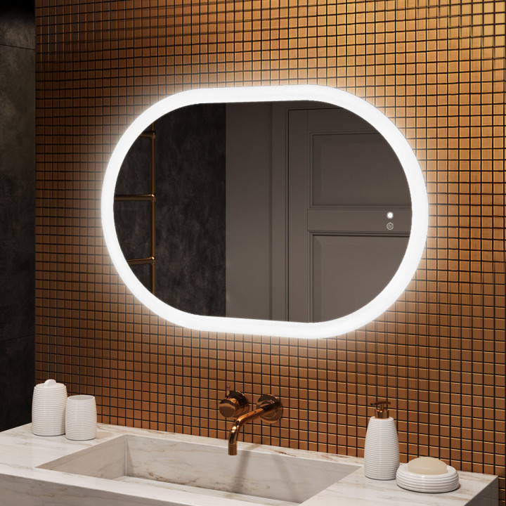 Miroir ovale LED 100 × 70 cm pour salle de bains avec commande tactile et fonction antibuée