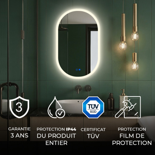 Miroir ovale LED 80 × 50 cm pour salle de bains avec commande tactile et fonction antibuée Couverture chauffante