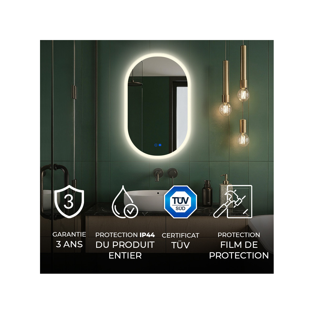 Miroir ovale LED 80 × 50 cm pour salle de bains avec commande tactile et fonction antibuée Couverture chauffante
