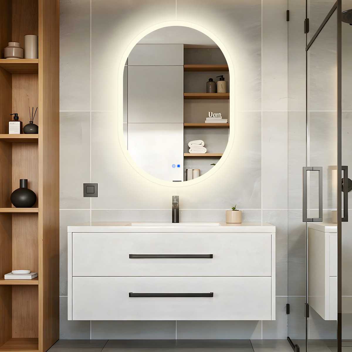 Miroir ovale LED 100 × 70 cm pour salle de bains avec commande tactile et fonction antibuée