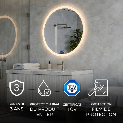 Miroir rond LED 60 cm pour salle de bains avec commande tactile et fonction antibuée