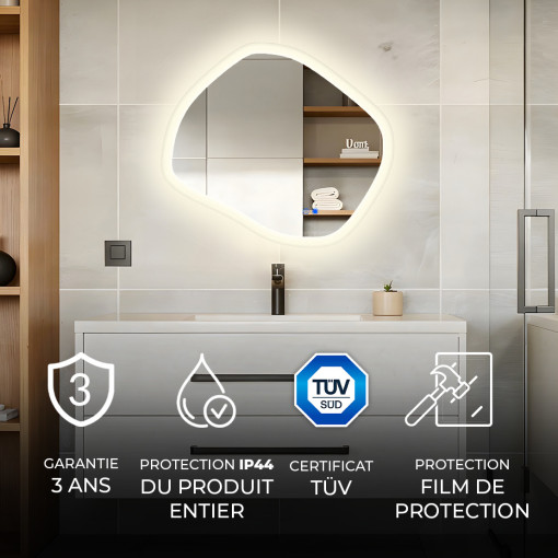 Miroir LED asymétrique 84 × 74 cm pour salle de bains avec commande tactile et fonction antibuée