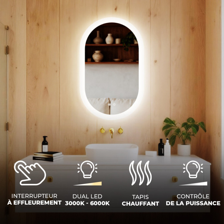 Miroir ovale LED 80 × 50 cm pour salle de bains avec commande tactile et fonction antibuée Couverture chauffante
