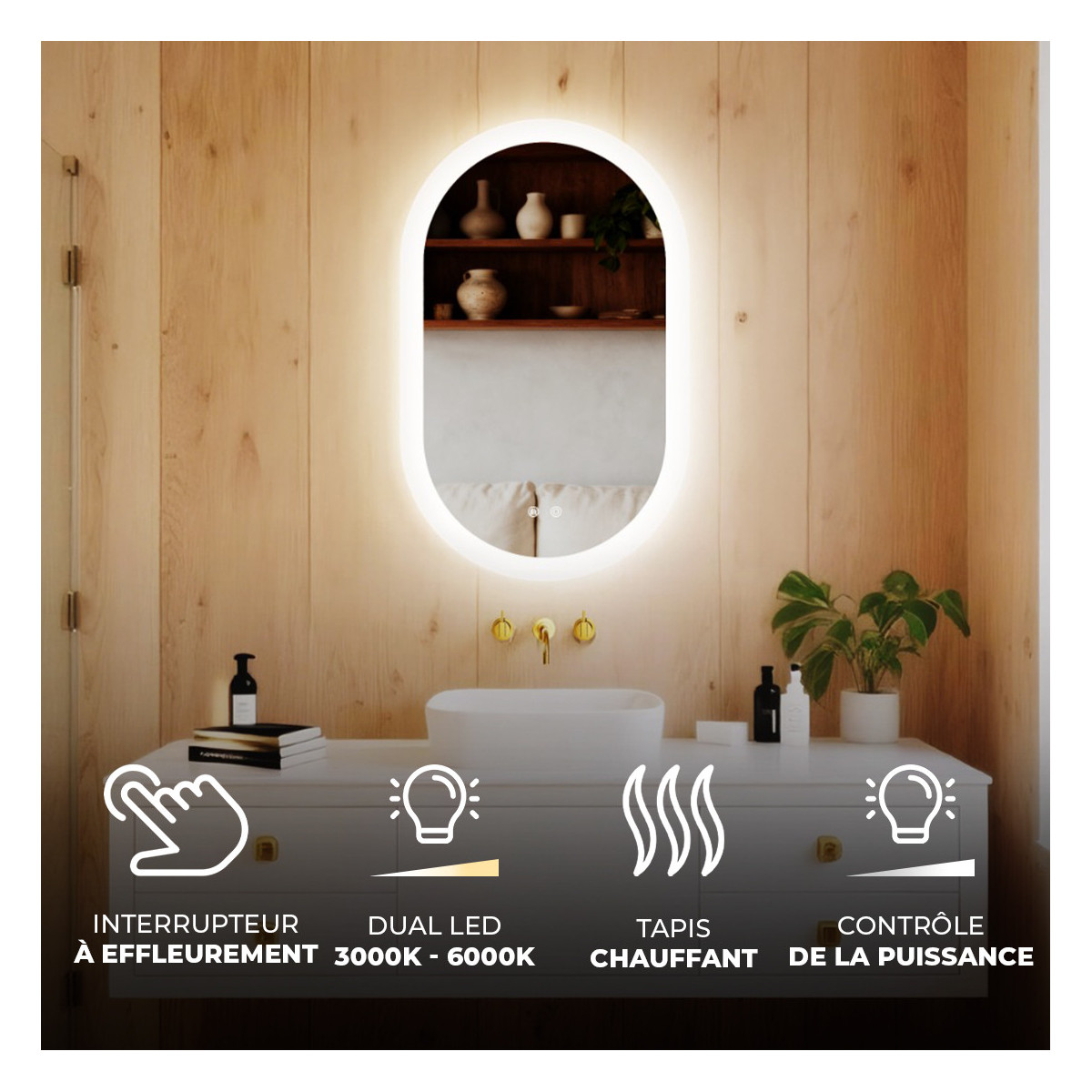 Miroir ovale LED 80 × 50 cm pour salle de bains avec commande tactile et fonction antibuée Couverture chauffante