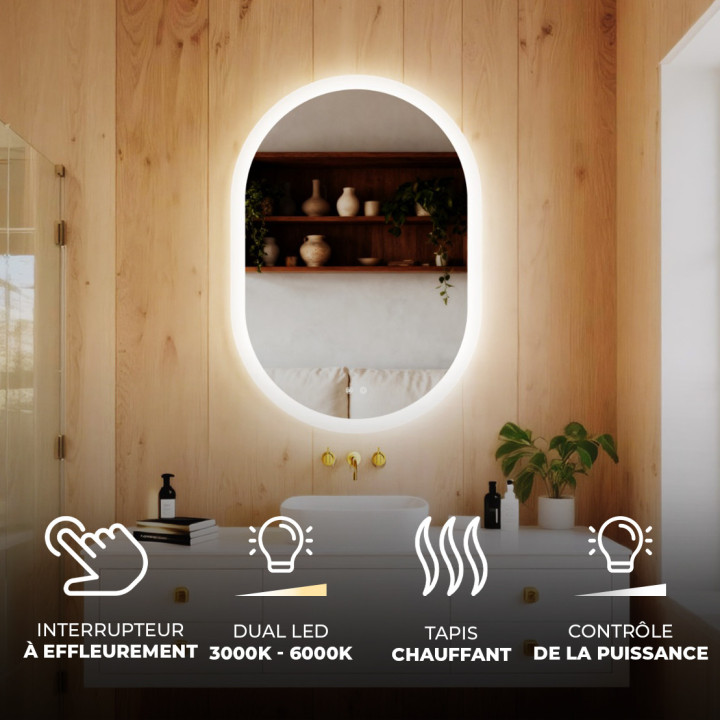 Miroir ovale LED 100 × 70 cm pour salle de bains avec commande tactile et fonction antibuée