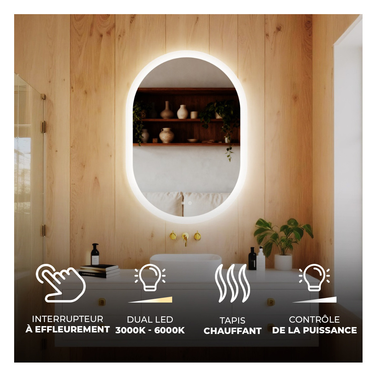Miroir ovale LED 100 × 70 cm pour salle de bains avec commande tactile et fonction antibuée