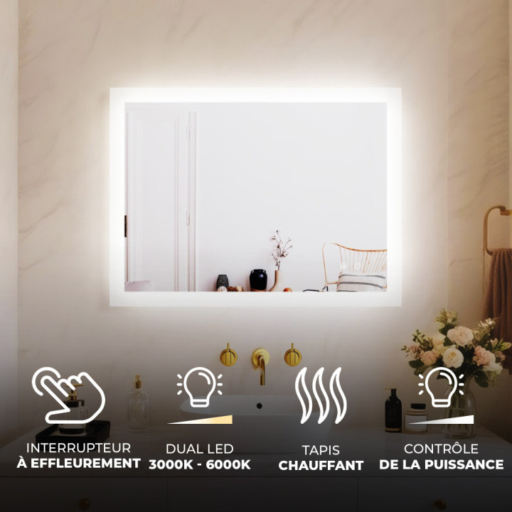 Miroir de salle de bains rectangulaire LED 80 × 60 cm avec commande tactile et fonction antibuée