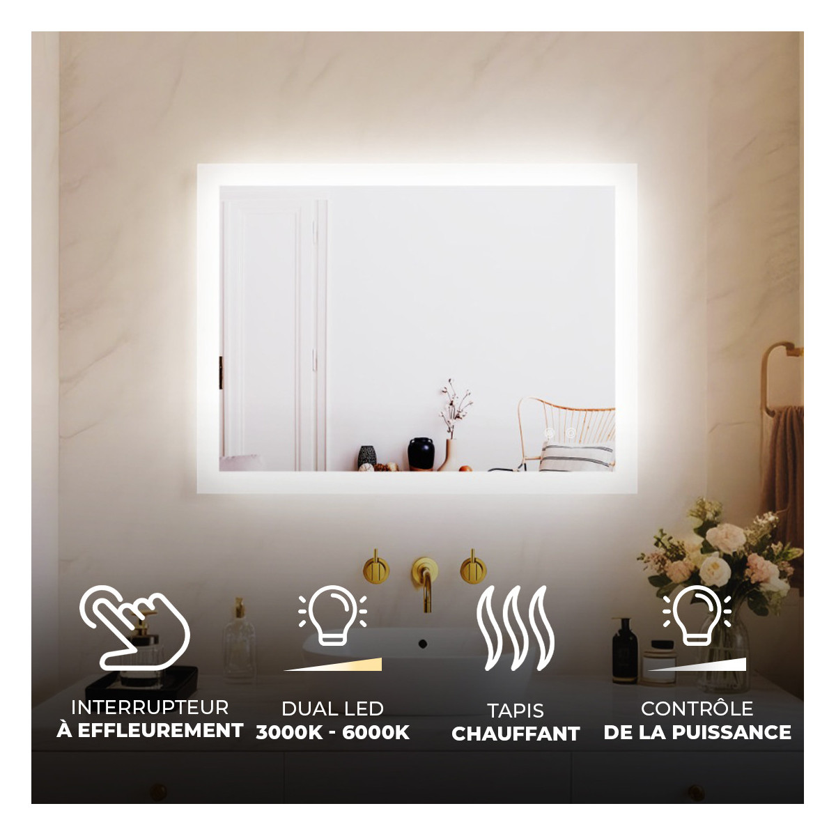 Miroir de salle de bains rectangulaire LED 80 × 60 cm avec commande tactile et fonction antibuée