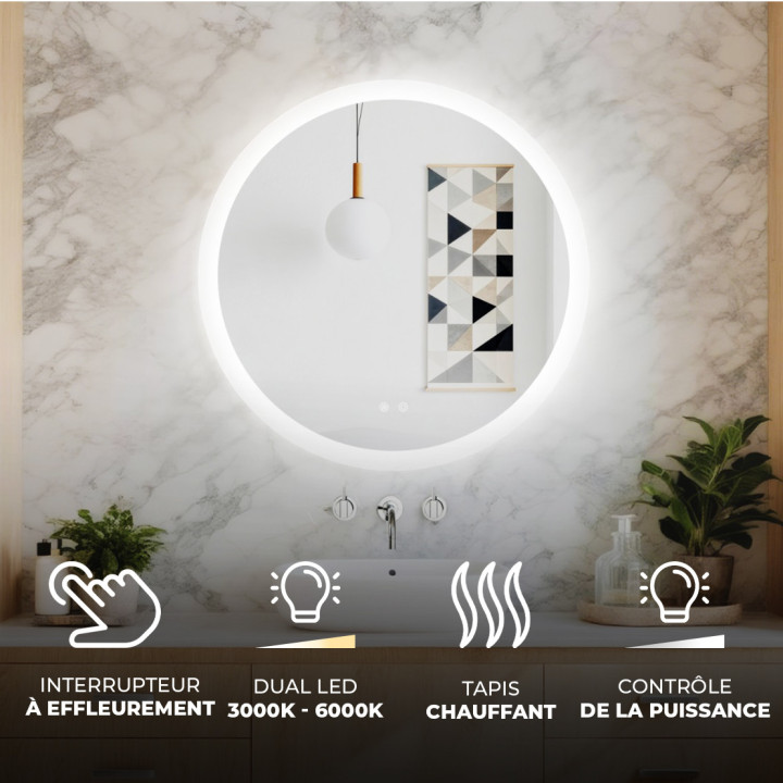 Miroir de salle de bains rectangulaire LED 80 × 80 cm avec commande tactile et fonction antibuée