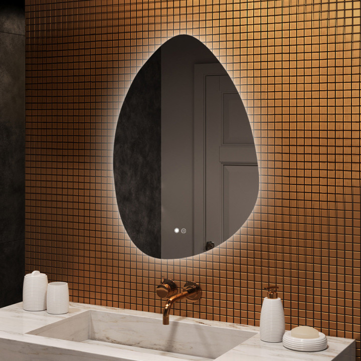 64x94 cm Miroir irrégulier avec éclairage, 64x94cm, Bicolore, Interrupteur tactile, Tapis chauffant
