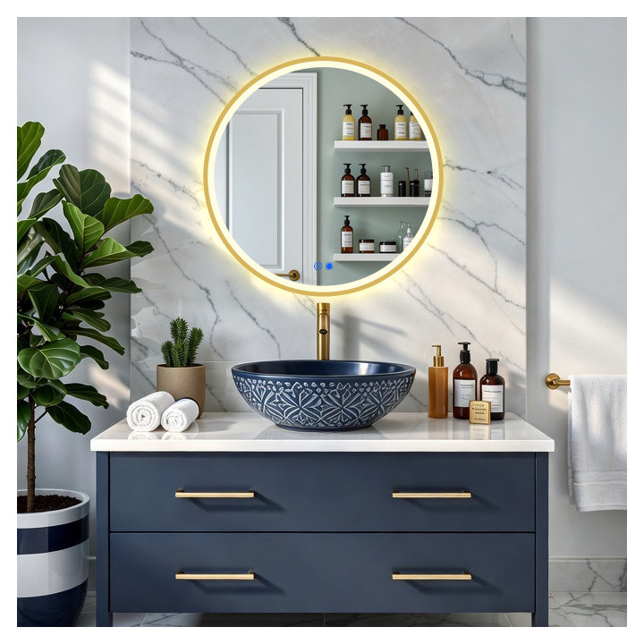 Miroir rond LED dans un cadre en aluminium doré - 60 cm