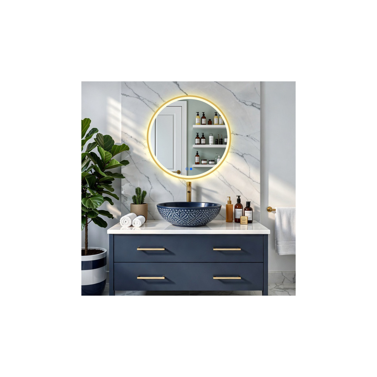 Miroir rond LED dans un cadre en aluminium doré - 60 cm