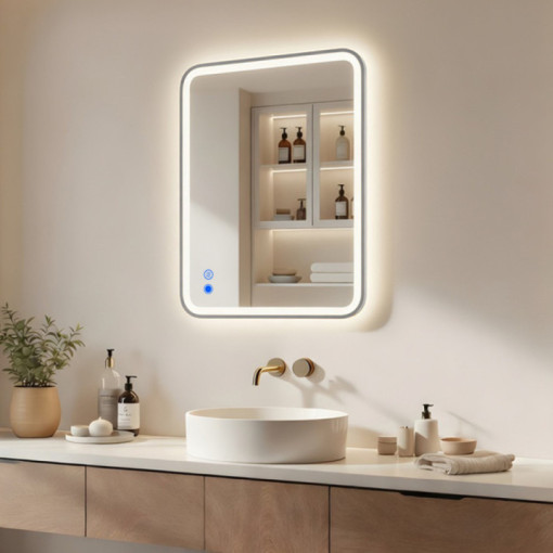 Miroir arrondi à éclairage LED - 80x60/60x80 cm dans un cadre en aluminium argenté