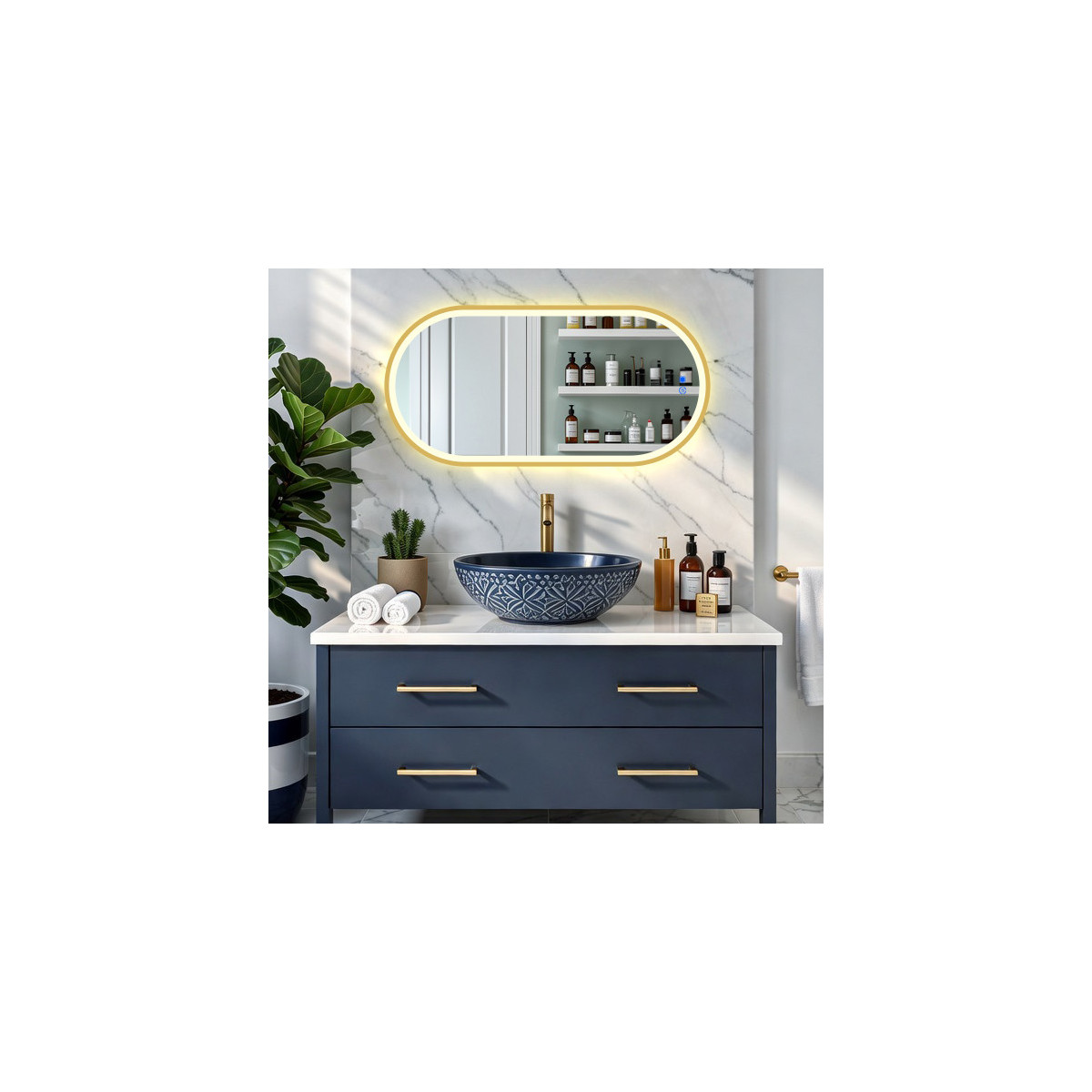 Miroir ovale à éclairage LED - 50x80/80x50 cm dans un cadre en aluminium doré