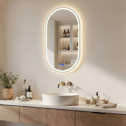 Miroir ovale à éclairage LED - 50x80/80x50 cm dans un cadre en aluminium argenté