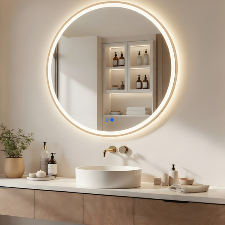 Miroir rond LED de 80 cm dans un cadre en aluminium doré