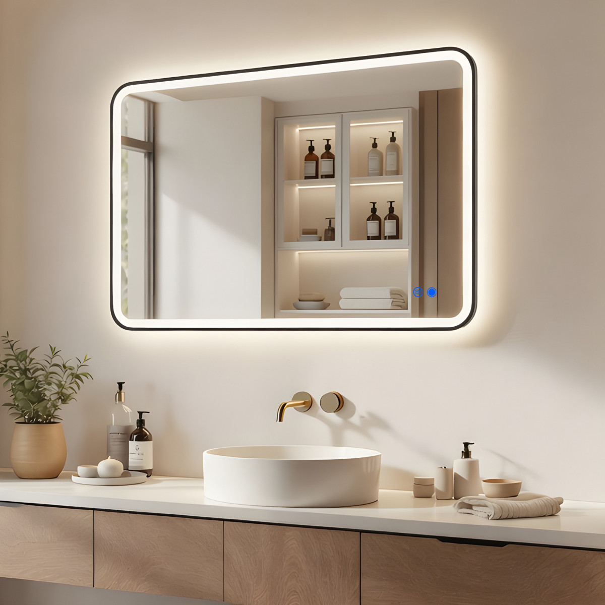 100x70/70x100 cm Miroir arrondi à éclairage LED dans un cadre en aluminium noir