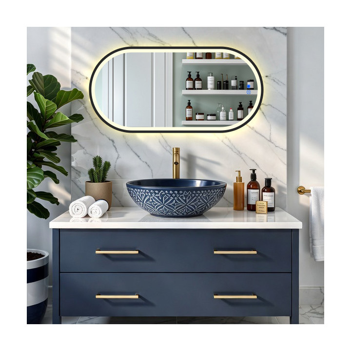 50 x 100 / 100 x 50 cm Miroir ovale à éclairage LED dans un cadre en aluminium noir