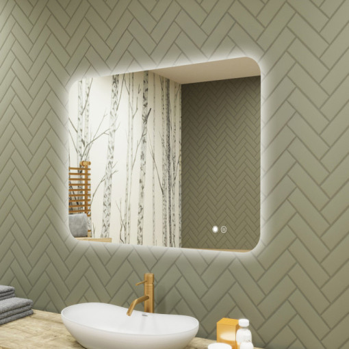 80x60 cm Miroir de salle de bain arrondi avec éclairage LED, 80x60cm, Dual colour, commande tactile, Tapis chauffant