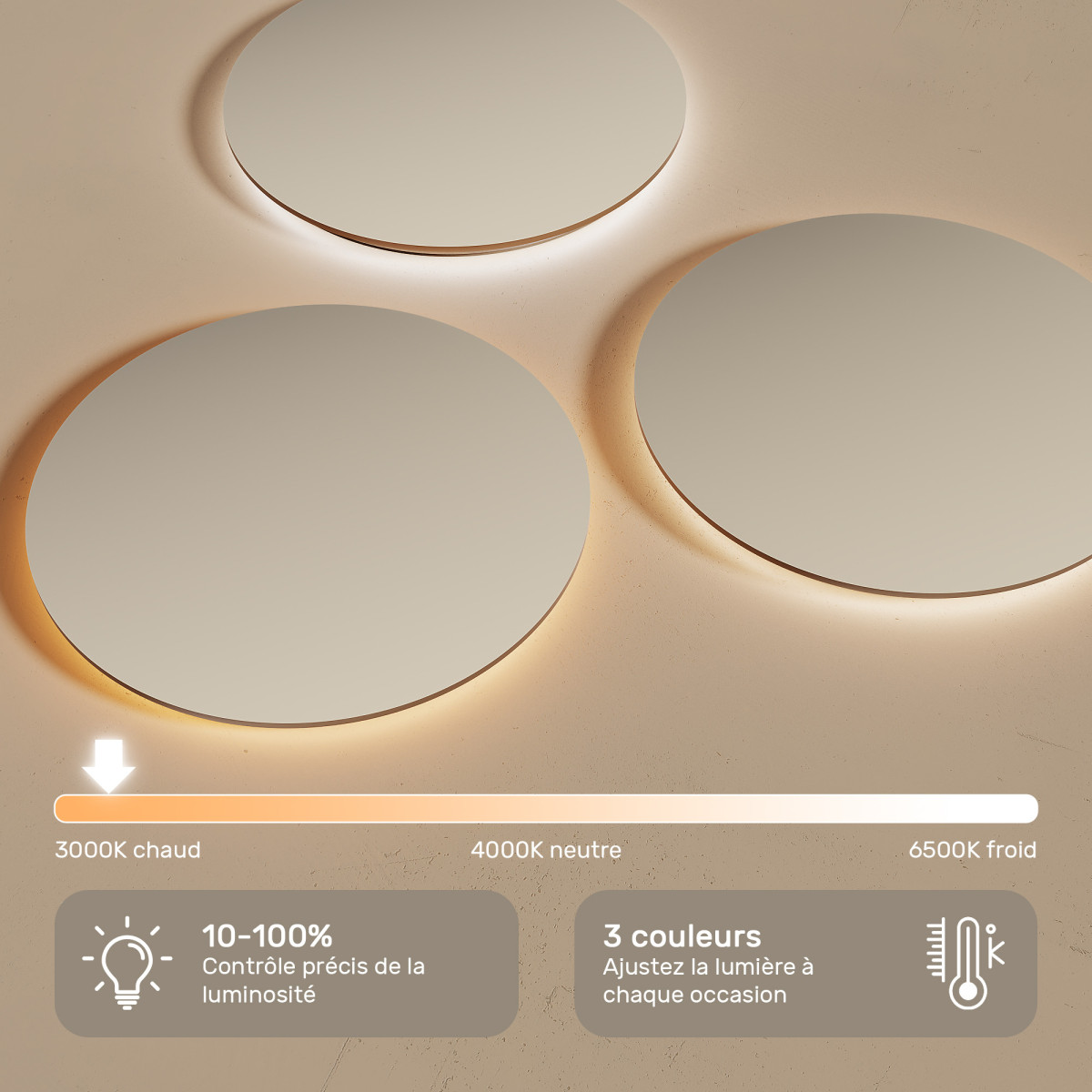 Miroir rond de 60 cm avec éclairage LED dans un cadre en aluminium noir