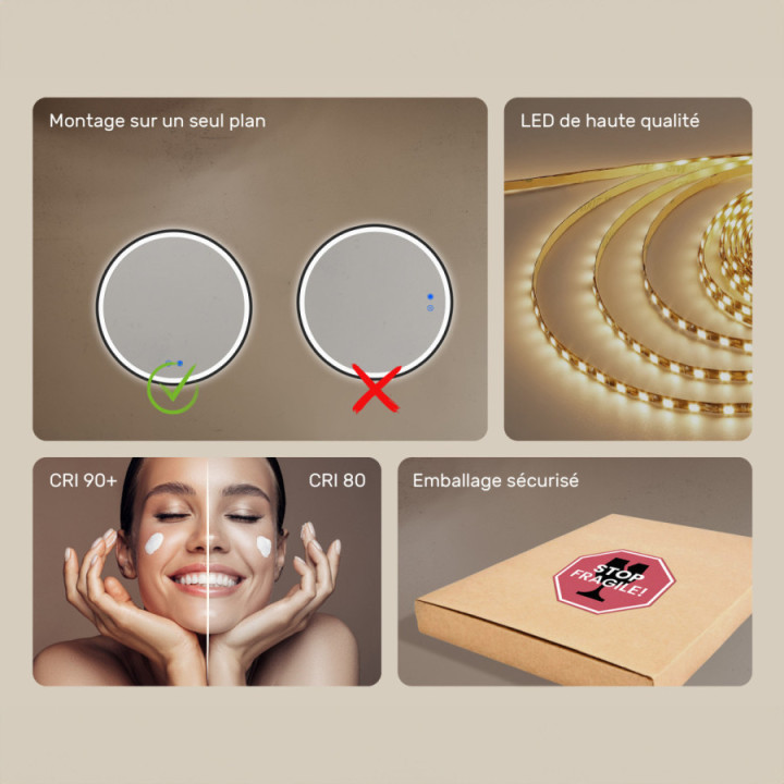 Miroir rond à éclairage LED - 80 cm dans un cadre en aluminium argenté