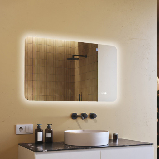 120x70 cm Miroir de salle de bain arrondi avec éclairage LED, 120x70cm, Bicolore, Interrupteur tactile, Couverture chauffante