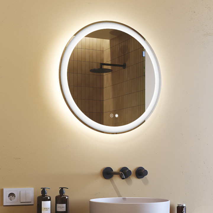 Specchio da bagno rotondo illuminato 60 cm con doppia tonalità, interruttore tattile, tappetino riscaldante