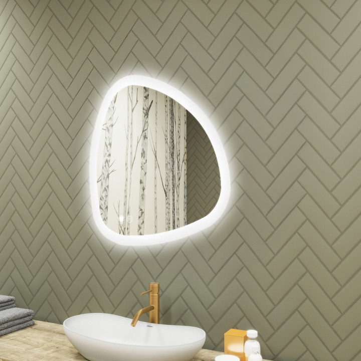 Specchio irregolare con illuminazione, 74x74 cm, bicolore, interruttore tattile, tappetino riscaldante