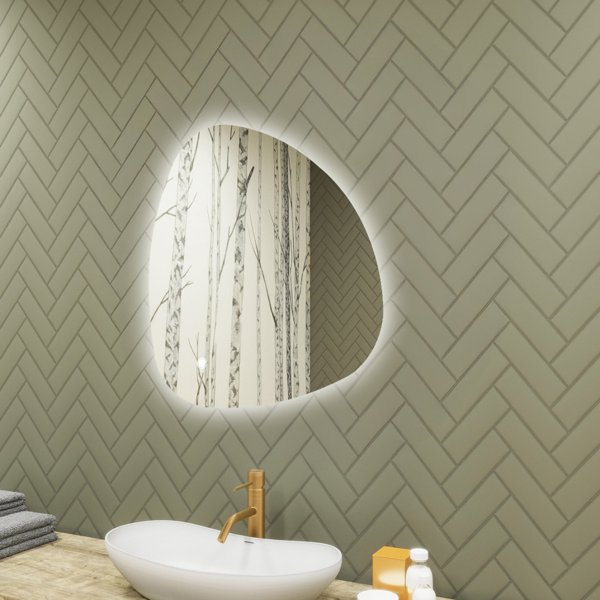 Specchio irregolare illuminato, 74x74 cm, bicolore, interruttore tattile