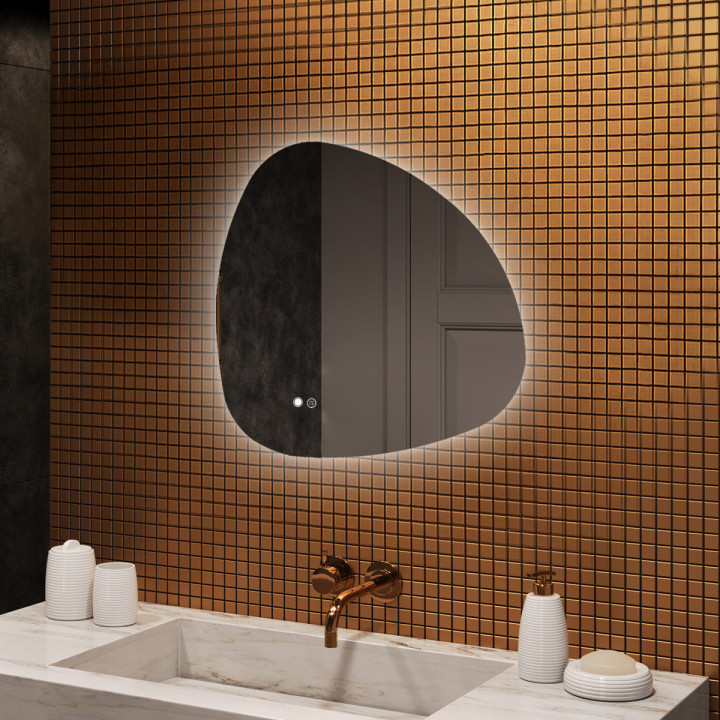 Specchio irregolare con illuminazione, 74x74 cm, bicolore, interruttore tattile, tappetino riscaldante