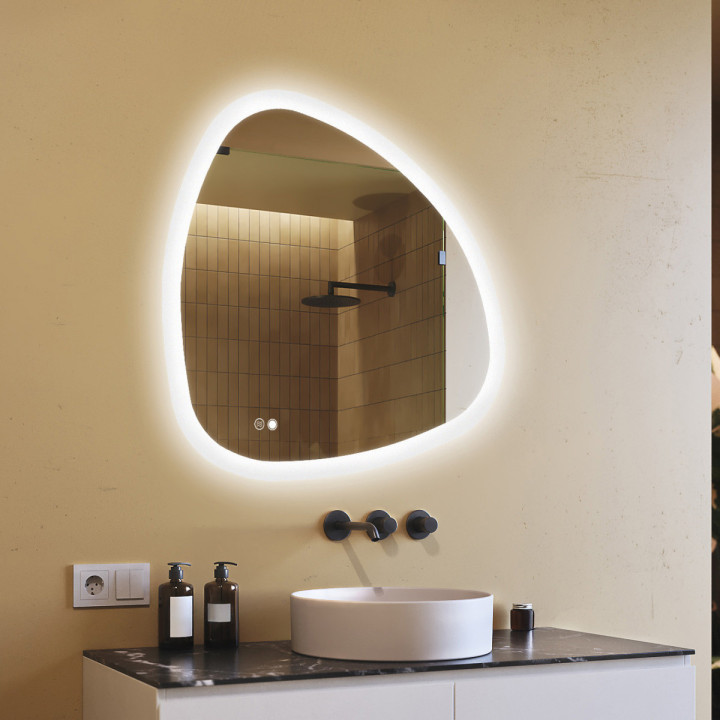 Specchio irregolare con illuminazione, 94x94 cm, bicolore, interruttore tattile, tappetino riscaldante