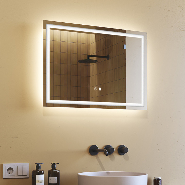 Specchio da bagno illuminato 70x50 cm con interruttore tattile, tappetino riscaldante
