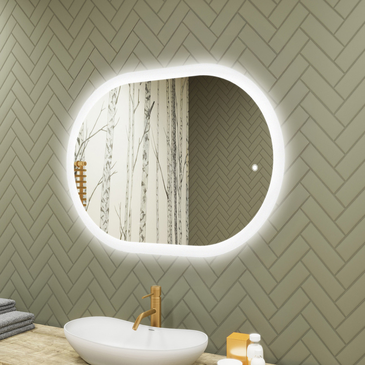 Specchio da bagno illuminato, 100x70 cm, bicolore, interruttore tattile