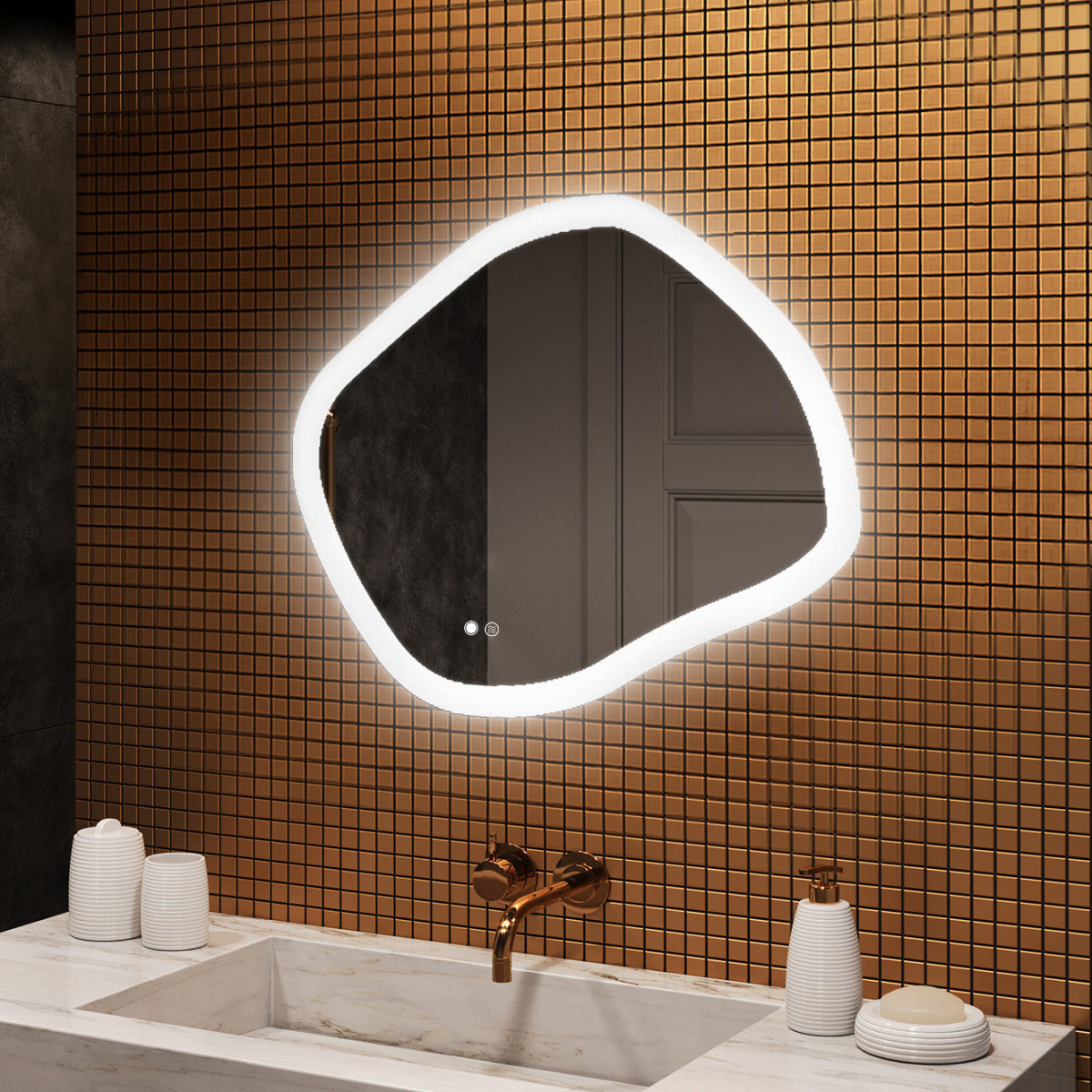 Specchio da bagno con illuminazione, 84x74 cm, bicolore, interruttore a sfioramento, tappetino riscaldante