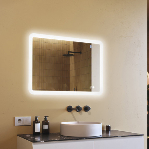 Specchio da bagno arrotondato con illuminazione a LED, 100x70 cm, bicolore, interruttore tattile, copertura riscaldante