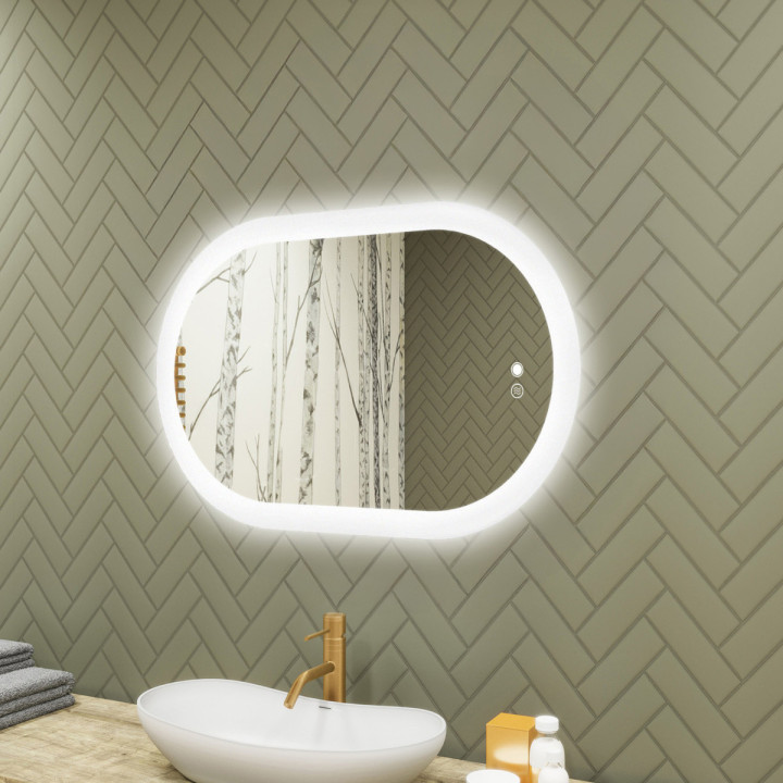 Specchio da bagno illuminato, 80x50 cm, bicolore, interruttore sensibile, copertura riscaldante