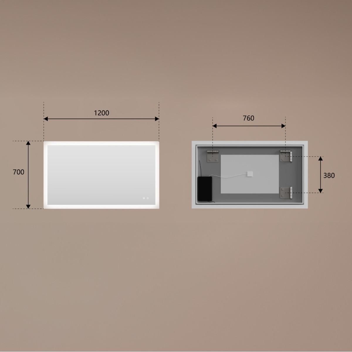 Specchio da bagno rettangolare con illuminazione 120x70 cm con doppia tonalità, interruttore touch, tappetino riscaldante