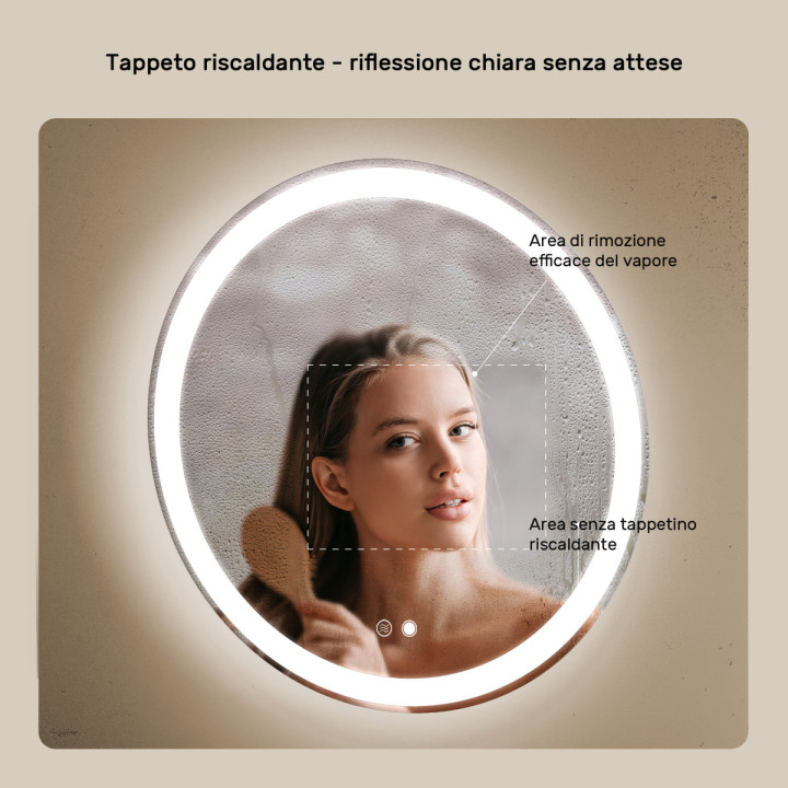 Specchio da bagno rotondo illuminato 60 cm con doppia tonalità, interruttore tattile, tappetino riscaldante