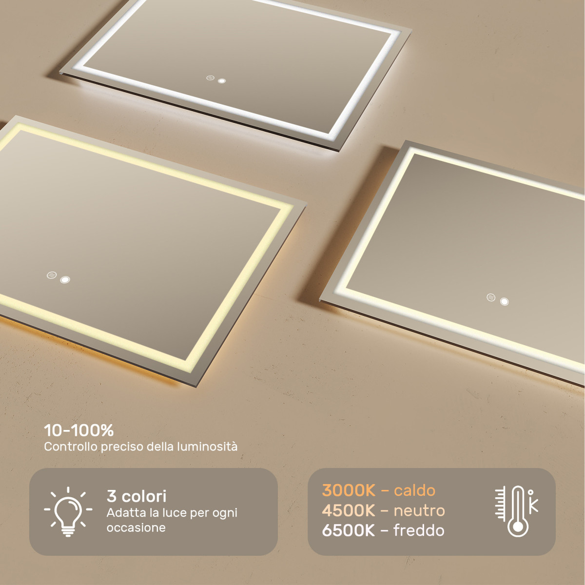 Specchio da bagno illuminato 70x50 cm con interruttore tattile, tappetino riscaldante