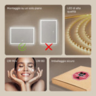 Specchio da bagno illuminato 70x50 cm con interruttore tattile, tappetino riscaldante