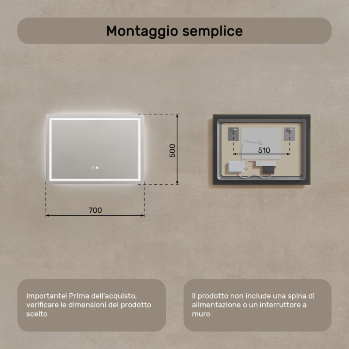 Specchio da bagno illuminato 70x50 cm con interruttore tattile, tappetino riscaldante